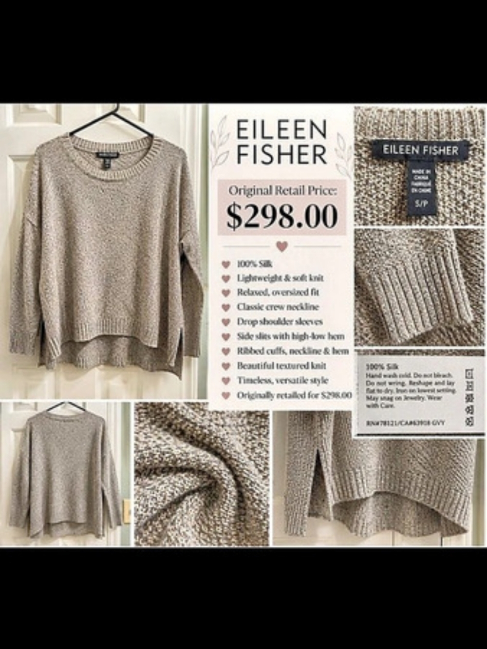 Eileen Fisher 100% Silk Textured Knit Sweater S/P Gray Taupe